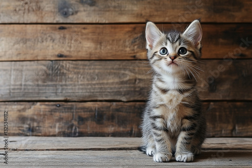 Wallpaper Mural Adorable American Shorthair kitten sits patiently on a rustic wooden surface Torontodigital.ca