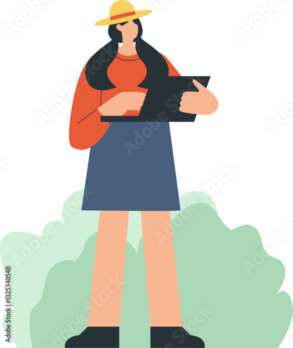 Woman standup and hold laptop
