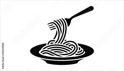 Spaghetti on Fork Icon. Pasta Dish Silhouette Vector Illustration.