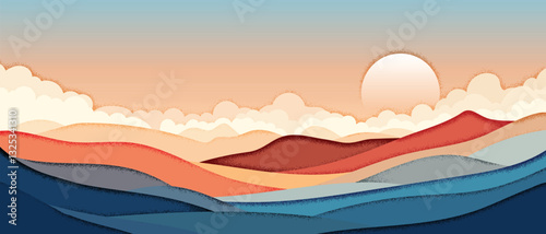 Minimalistic stylized landscape, mountain sunrise and sun, vector illustration, panoramic view