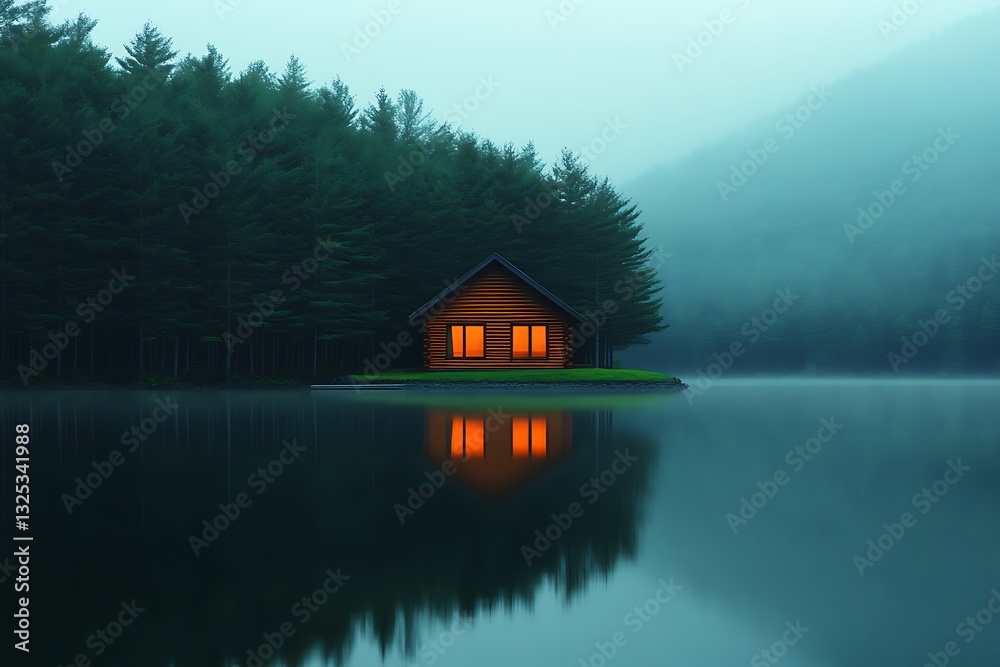 Fototapeta premium Illuminated Log Cabin on a Misty Lake Surrounded by Evergreen Trees