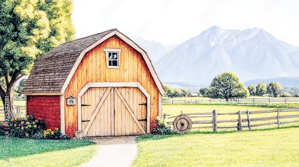 Obraz premium Rustic Red Barn in Sunlit Green Field with Mountain Background