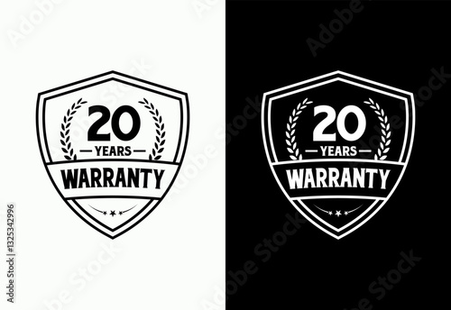 Advertising 20 years warranty shield emblem, for label, icon, logo, badge, symbol, button