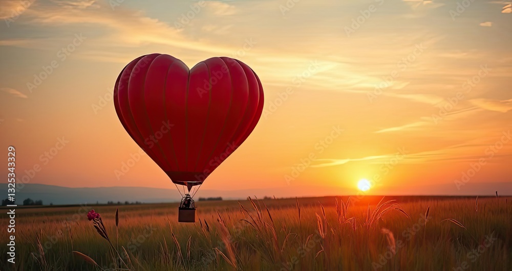 Fototapeta premium Heart Shaped Hot Air Balloon Sunset Romantic Travel