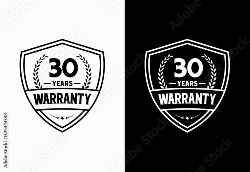 Advertising 30 years warranty shield emblem, for label, icon, logo, badge, symbol, button