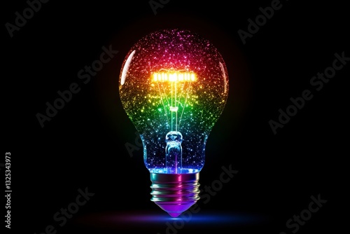 Vibrant Rainbow Light Bulb Glowing on Black Background