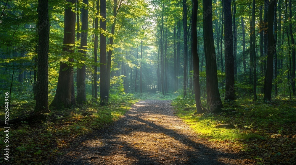 Fototapeta premium Forest path leads into the serene depths of nature with sunlight filtering through towering trees and dappled shadows on the ground