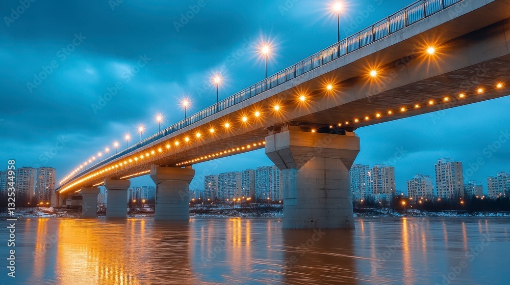 Majestic Bridge Over Calm Waters Under Evening Sky with Lights Majestic Bridge Over Calm Waters Under Evening Sky with Lights