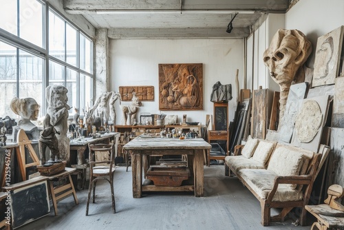 Bright Artist's Studio Filled with Sculptures and Paintings