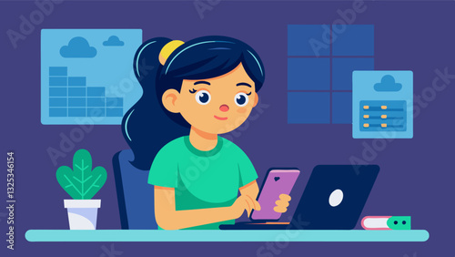 A young girl with a determined look on her face her fingers flying across the screen of her phone as she codes her first ever app using an educational coding app.. Vector illustration