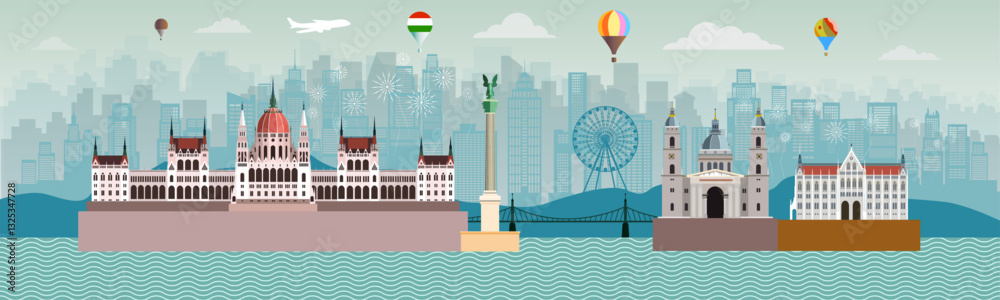 Obraz premium Travel landmarks Hungary with silhouette architecture background, Hungary day anniversary celebration and tour architecture landmark to Budapest in europe with panorama view popular capital.