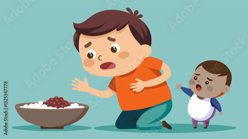 The struggle of a child with a bloated stomach trying to eat a meager meal of rice and beans with their trembling hands.. Vector illustration
