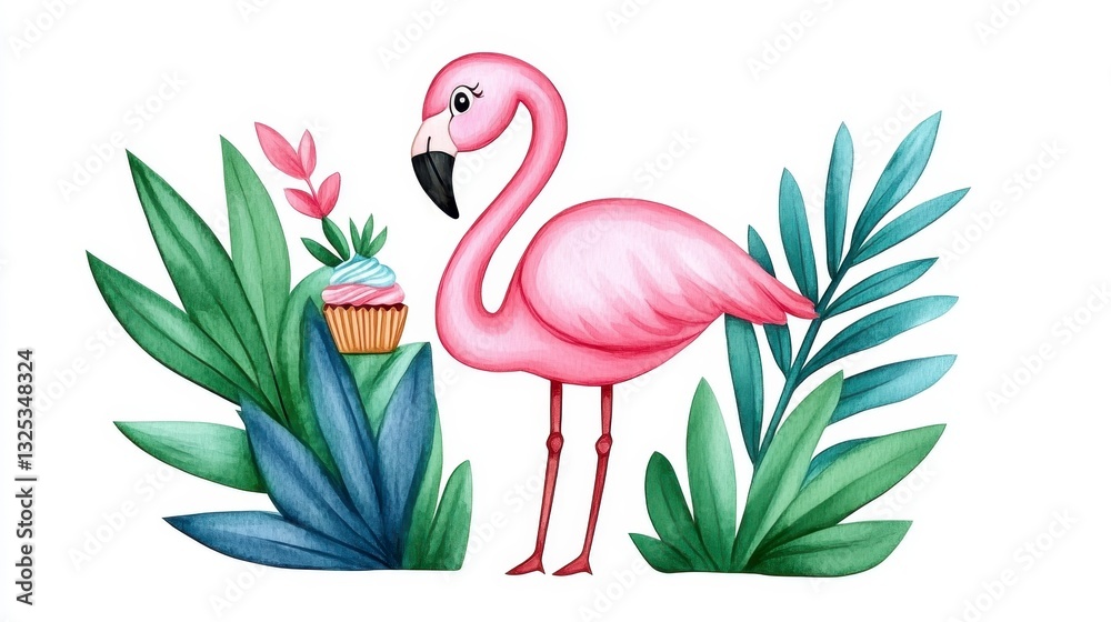 Fototapeta premium Pink Flamingo with Cupcake Surrounded by Tropical Leaves