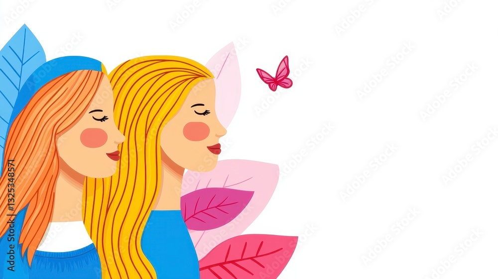 Two Women Profile with Leaves and Butterfly in Colorful Design Two Women Profile with Leaves and Butterfly in Colorful Design