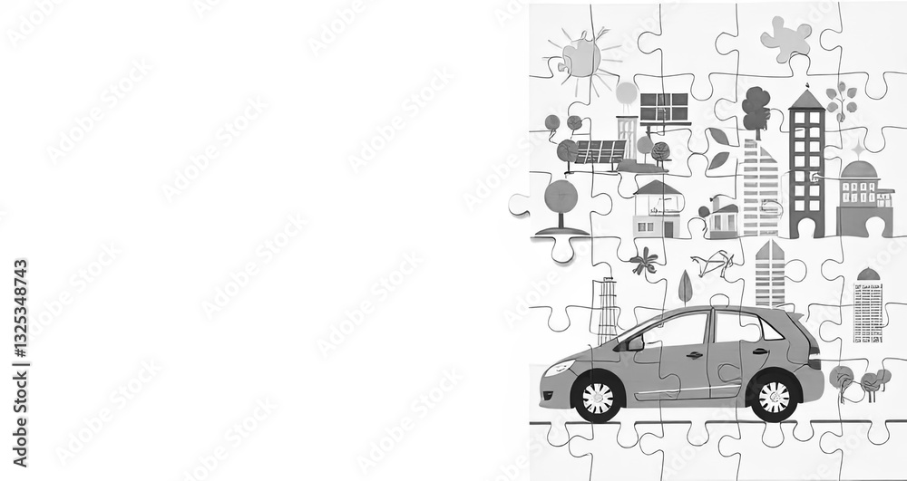 Obraz premium Eco Friendly Cityscape Puzzle Car Green Energy Sustainable Living