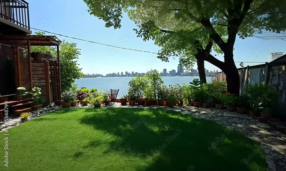 Serene backyard oasis with city views. Lush green lawn, decorative landscaping, and pergola provide a tranquil escape Serene backyard oasis with city views. Lush green lawn, decorative landscaping, and pergola provide a tranquil escape