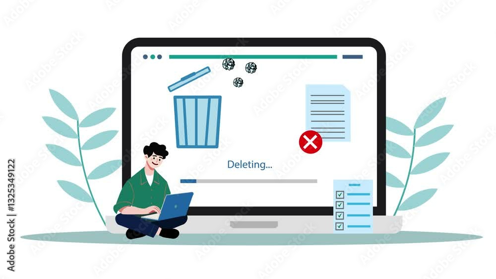 Person Cleaning Laptop From Trash Files Design Animation. Delete unnecessary Document and useless archive from Computer. Animated Cartoon Character Deleting Bar.