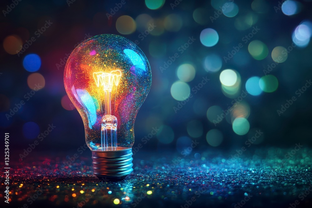 Colorful Sparkling Lightbulb on Glittering Surface Colorful Sparkling Lightbulb on Glittering Surface