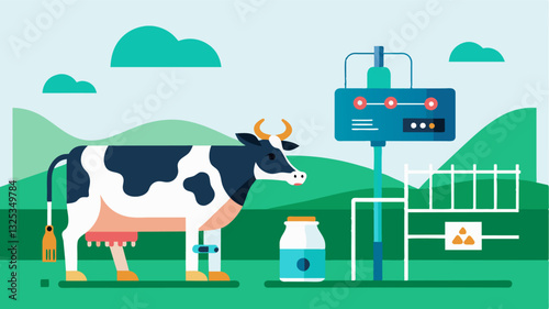 With the ability to monitor and track milk production in realtime the milking machine provides valuable data for farmers to improve their herds overall health and productivity.. Vector illustration