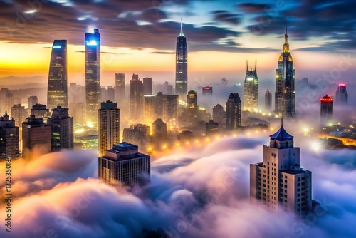 Mist with its transformative power envelops city alter dark revealing architectural brilliance in a subdued glow