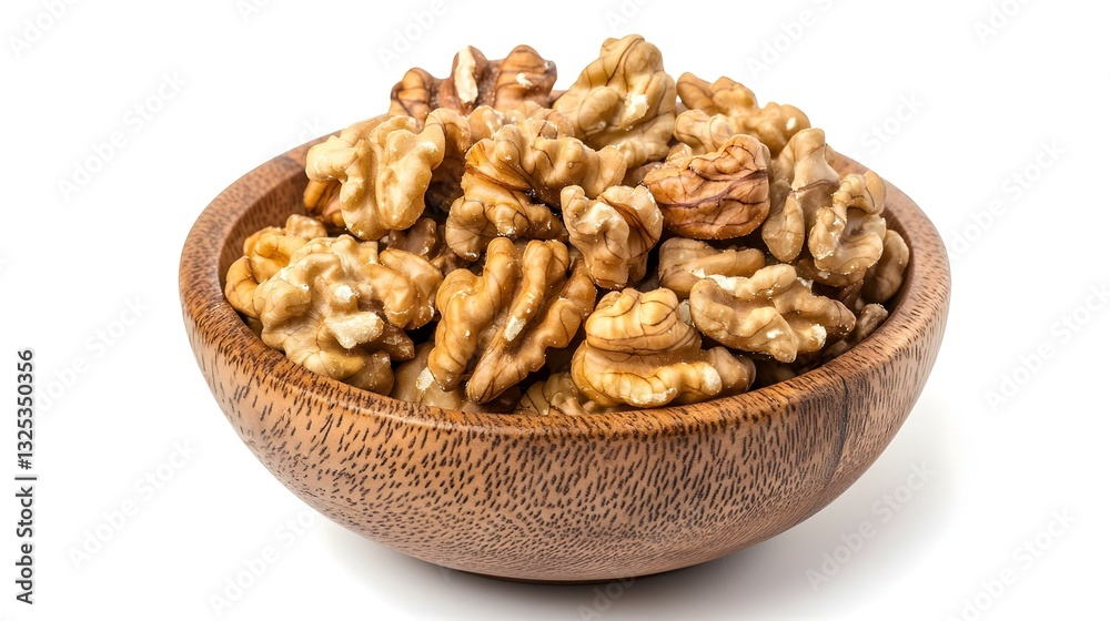 Shelled walnuts in wooden bowl on white Shelled walnuts in wooden bowl on white