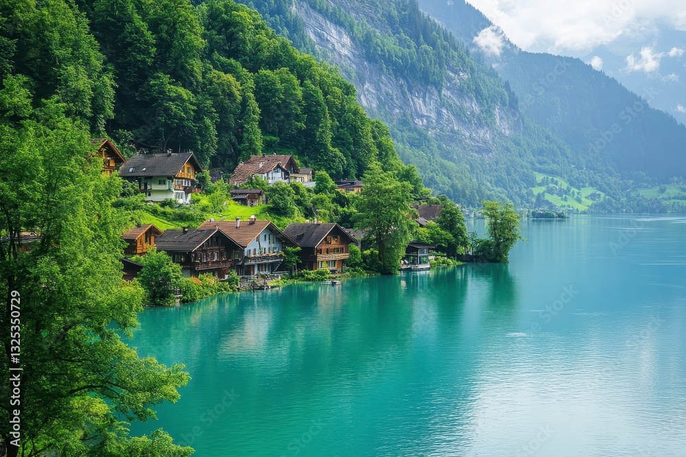 Fototapeta premium Lakeside Village in Lush Green Valley Teal Water, Wooden Houses, Tranquil Daylight Scene
