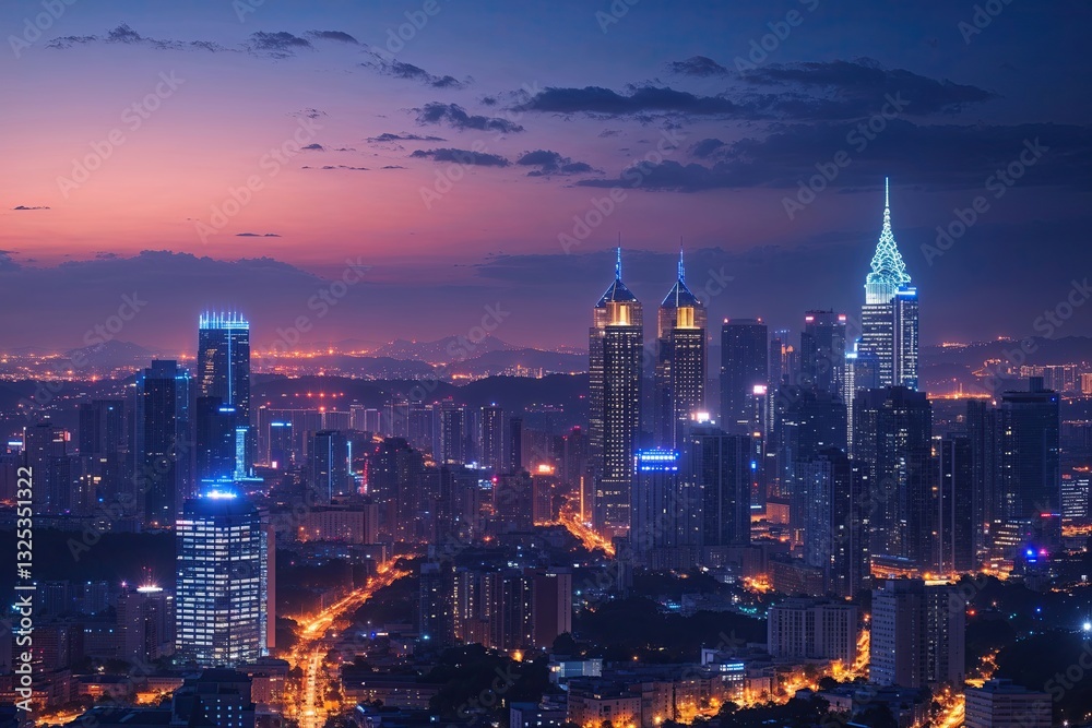 Obraz premium Stunning City Skyline at Dusk Twinkling Lights Against Evening Sky