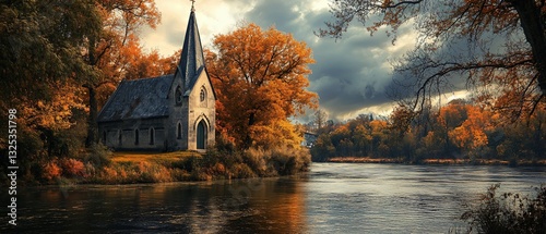 Serene Riverside Church Photo for Professional Use in Projects and Designs