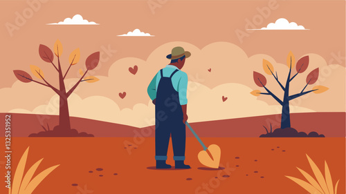 With a heavy heart the farmer surveys the barren field in front of him each lifeless stalk representing a season of hard work now gone to waste.. Vector illustration