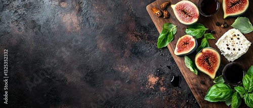 Exquisite Presentation of Fresh Figs, Ricotta Cheese, and Fresh Basil on Rye Bread