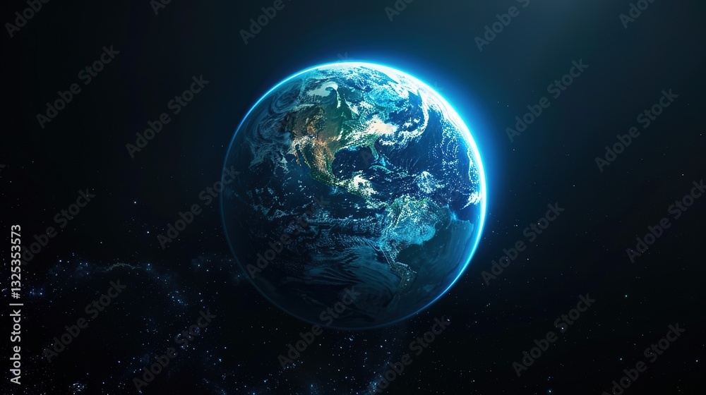 Fototapeta premium Greelmage Showing the Center of the Blue Earth, Dark Tea and Black, Asteroid Punk, Metallic Spin, High-Tech Futurism, Stage-like Environment, Ultra High Definition