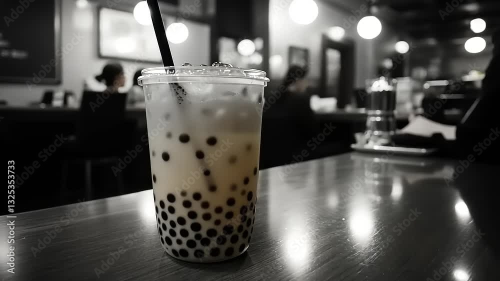 A close-up of a bubble tea drink on a wooden table in a bustling caf? with patrons in the background