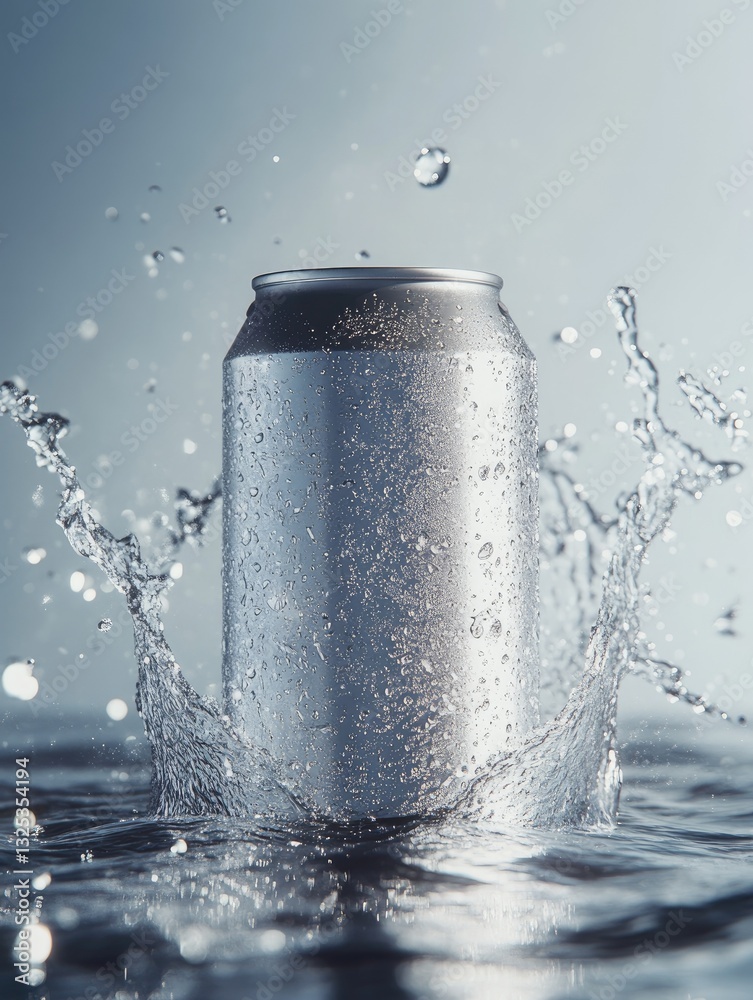 Icy splash on a metallic beverage can, refreshing hydration sensation Icy splash on a metallic beverage can, refreshing hydration sensation