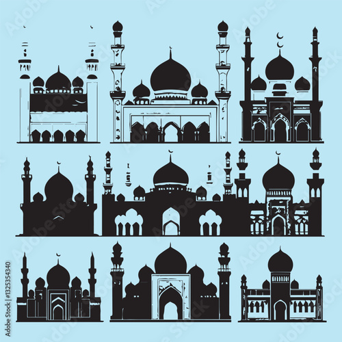 set of black various mosque vector silhouettes collection