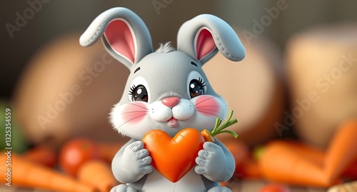 cute baby rabbit holding heart and carrot, symbol of love and kindness for pet food photo