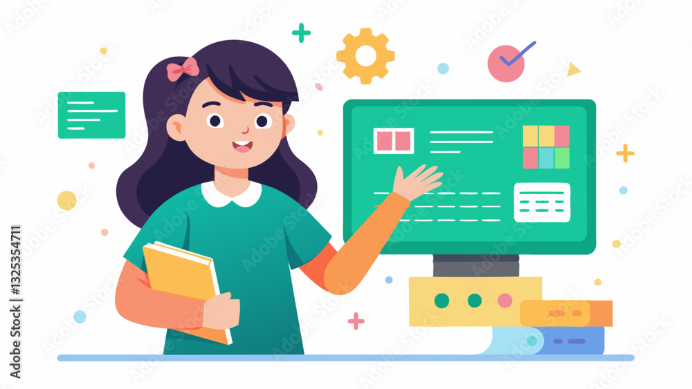 A young girl proudly showcases her completed Scratch project to the rest of the math and coding club explaining her coding process and the logic behind it.. Vector illustration A young girl proudly showcases her completed Scratch project to the rest of the math and coding club explaining her coding process and the logic behind it.. Vector illustration