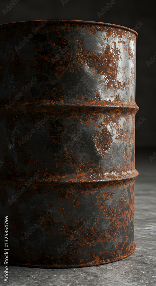 Rusty metal barrel stands on a concrete floor, illustrating concepts of decay, industry, and storage. Rusty metal barrel stands on a concrete floor, illustrating concepts of decay, industry, and storage.