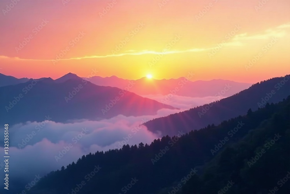 Obraz premium Foggy mountain landscape at sunrise, serene beauty of nature, fog, nature