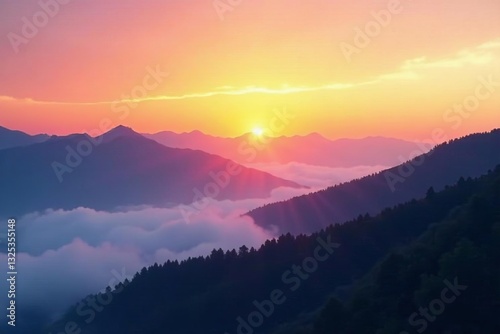 Foggy mountain landscape at sunrise, serene beauty of nature, fog, nature