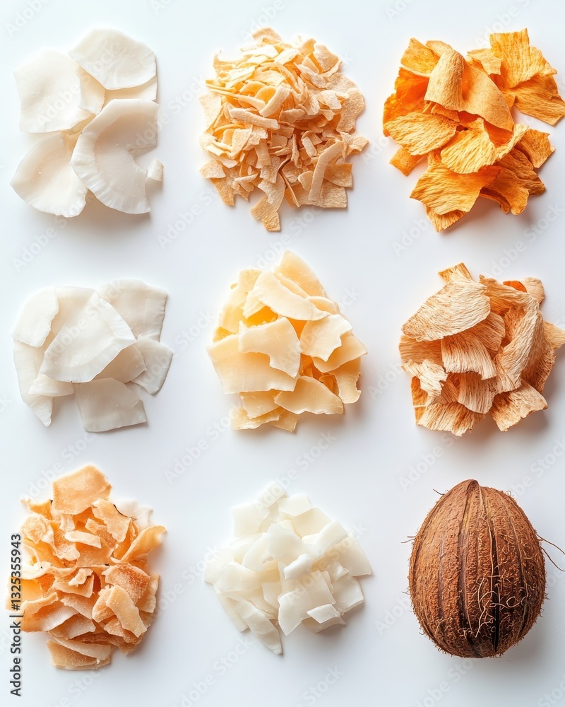 A Visual Array of Dried Coconut Flakes and Shredded Coconut Varieties on White Background for Culinary Inspiration and Natural Ingredients Concept A Visual Array of Dried Coconut Flakes and Shredded Coconut Varieties on White Background for Culinary Inspiration and Natural Ingredients Concept
