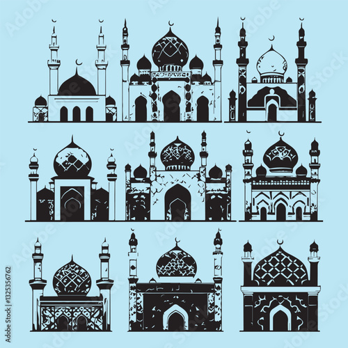 set of black various mosque vector silhouettes collection