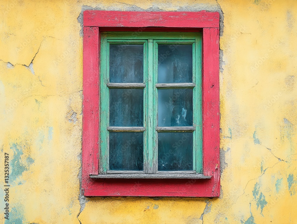 Charming weathered window with red frame on textured yellow stucco wall Charming weathered window with red frame on textured yellow stucco wall