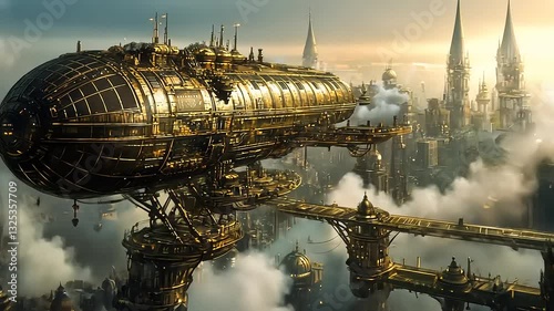 A majestic steampunk airship gliding over a bustling cityscape at sunset, with intricate architecture