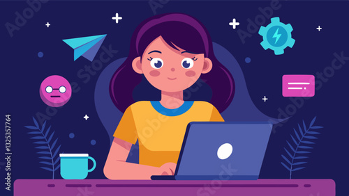A young girl with a determined look on her face typing away on her laptop as she codes her own video game for the hackathon with the help of her teammates.. Vector illustration