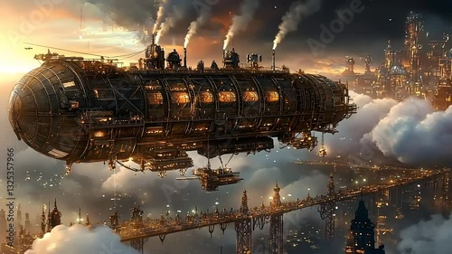 A majestic steampunk airship gliding through clouds above a bustling industrial city at sunset