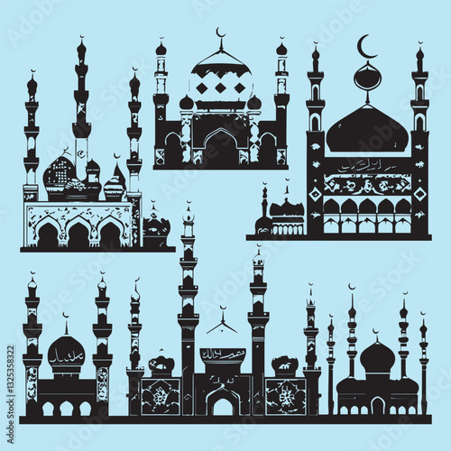 set of black various mosque vector silhouettes collection