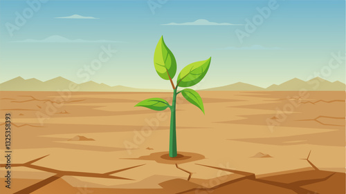 The young plant stands alone in a vast and desolate landscape representing the impact of human actions on the environment and the consequences for all living things.. Vector illustration