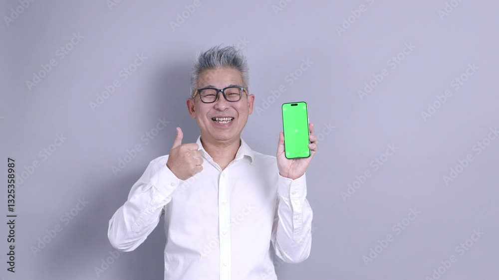 An East Asian senior businessman in a white shirt with glasses and grey hair is standing against a grey background. An East Asian senior businessman in a white shirt with glasses and grey hair is standing against a grey background.