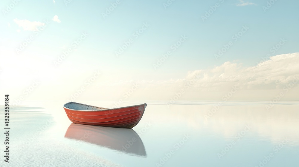 Naklejka premium Solitary rowboat resting on tranquil water against a dreamy pastel sky backdrop