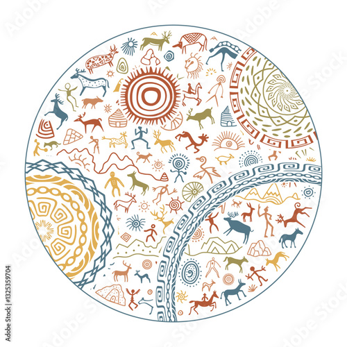 Vector round ethnic element, circular petroglyph pattern, rock paintings and geometric pattern, naive art, vector design